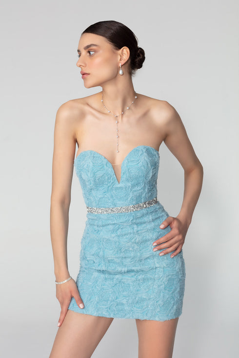 Belt Detailed Strapless Light Blue Mini Dress